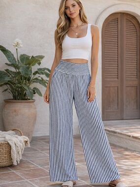 Love Tree Blue & White Striped Wide Leg Pants Smocked Waist Tall Friendly L